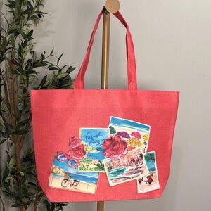 Lancome Salmon Pink Tote with Beach Scenic Prints